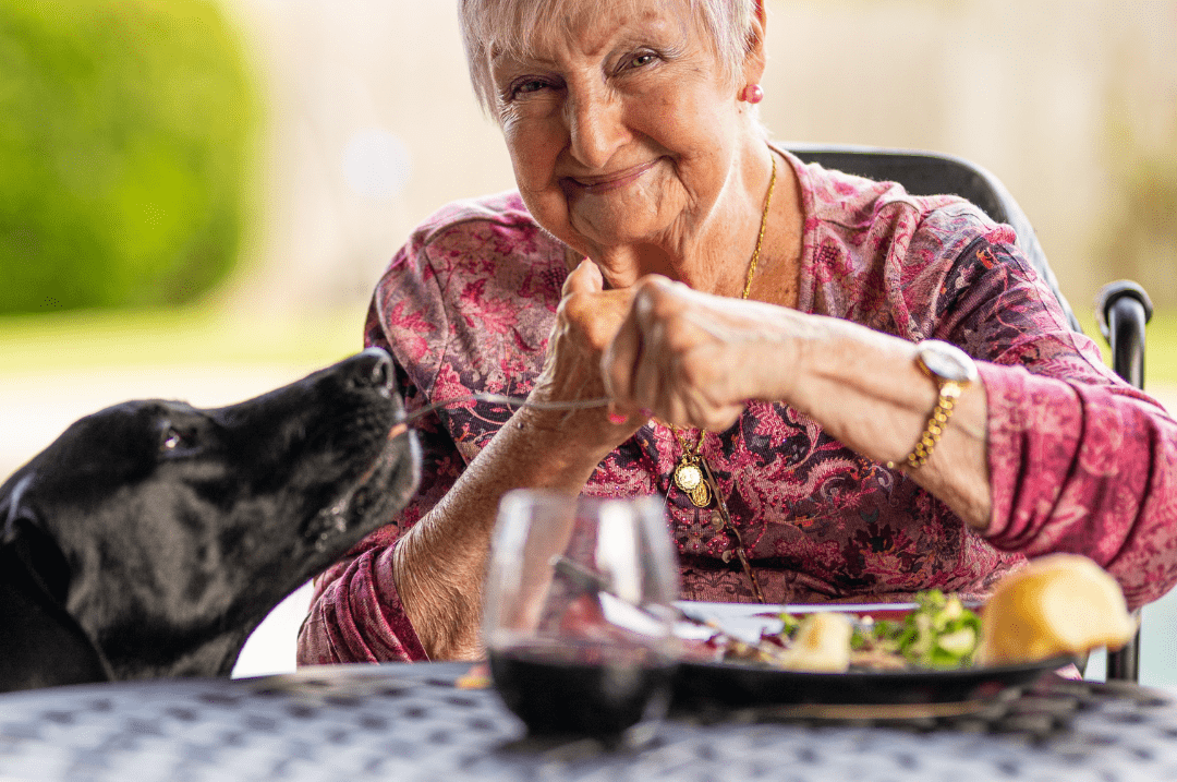 Old woman feeding her dog.