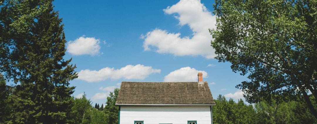 White wooden granny flat with brown roof between trees.