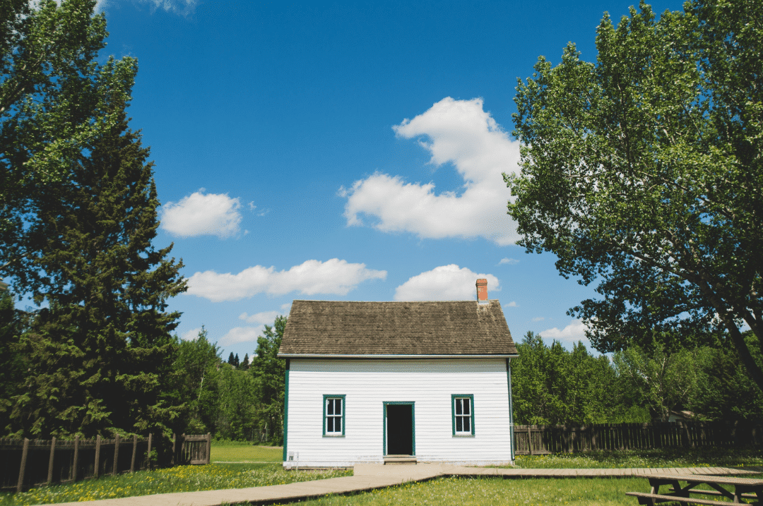 White wooden granny flat with brown roof between trees.