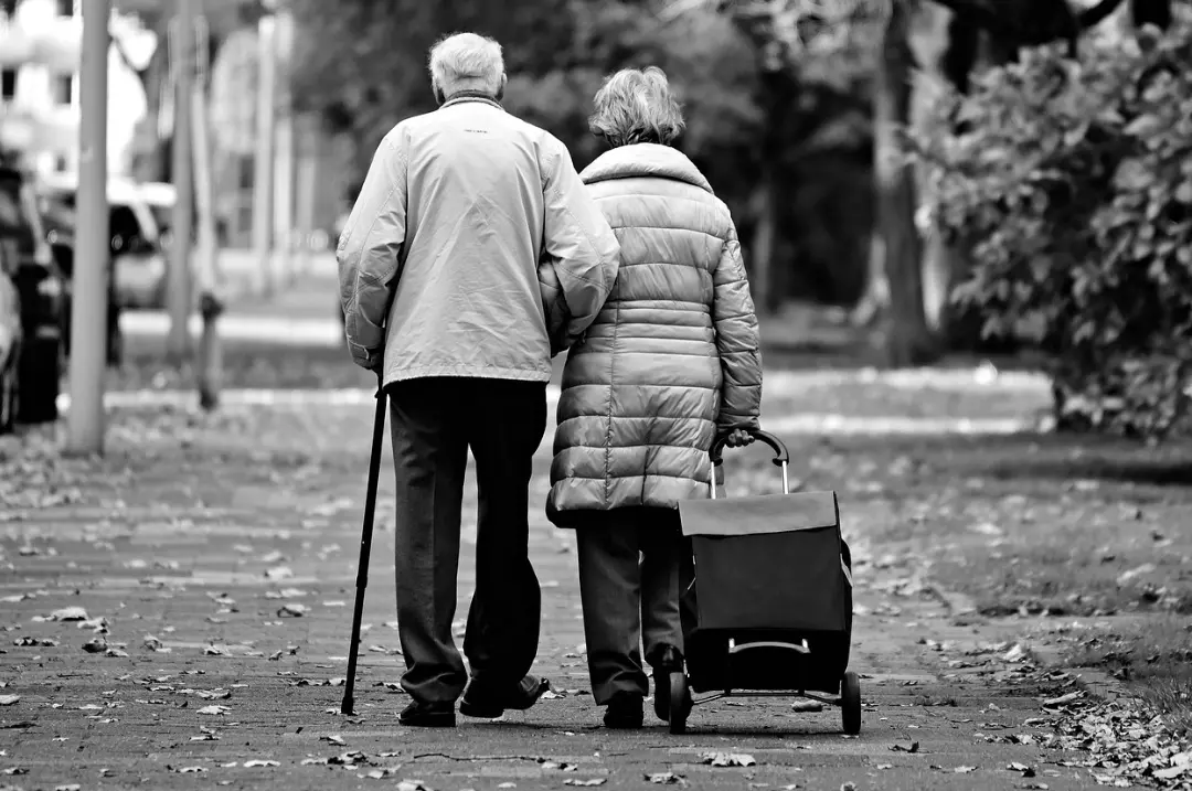 Grayscale picture of an elderly couple walking together.